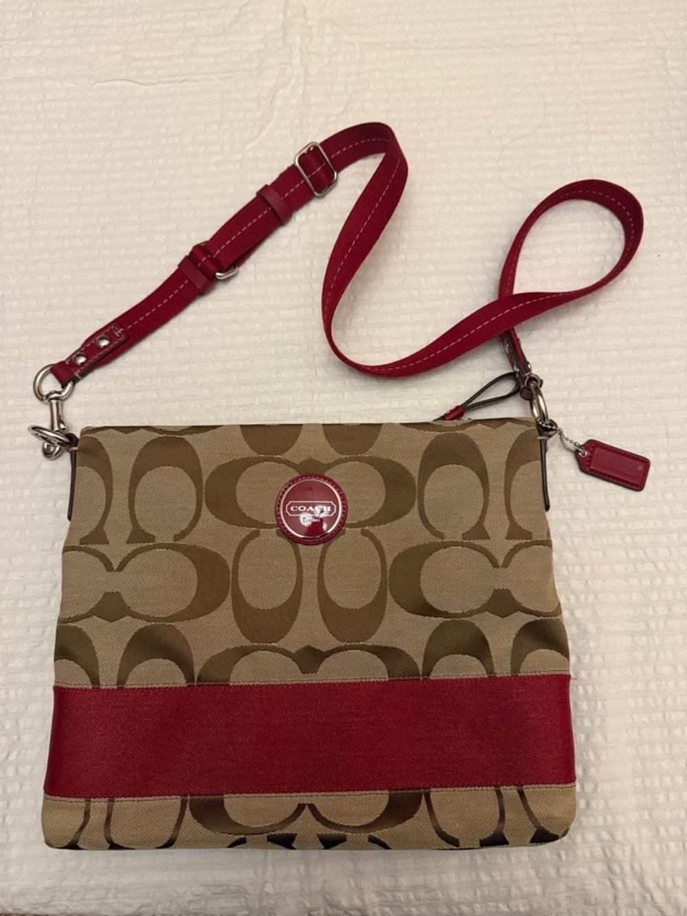 Coach Khaki Signature Stripe Canvas Crossbody with Red Trim